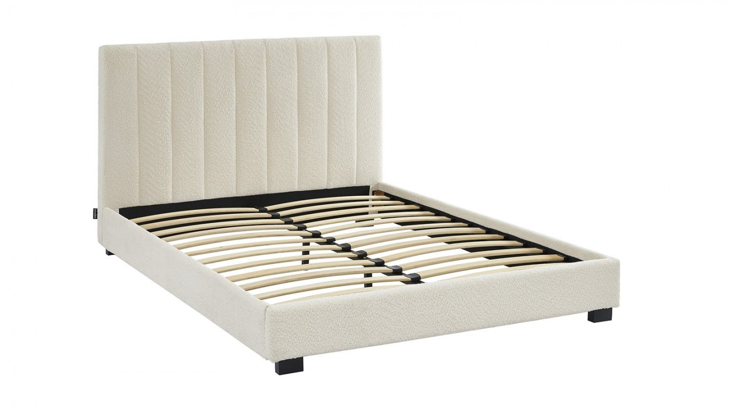 Ensemble lit 140x190 en tissu bouclé écru - William + Matelas Hybride à ressorts ensachés et mémoire de forme - Spring Elite