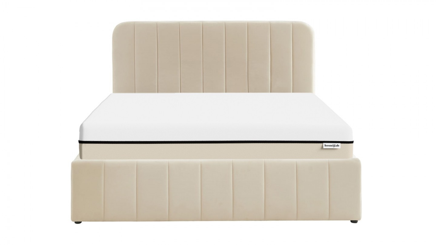 Ensemble lit coffre 140x190 en velours beige Ava + Matelas Hybride à ressorts ensachés et mémoire de forme - Spring Elite