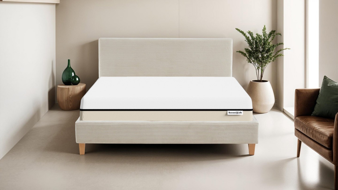 Ensemble lit 160x200 en velours côtelé beige Milo + Matelas Hybride à ressorts ensachés et mémoire de forme - Spring Elite