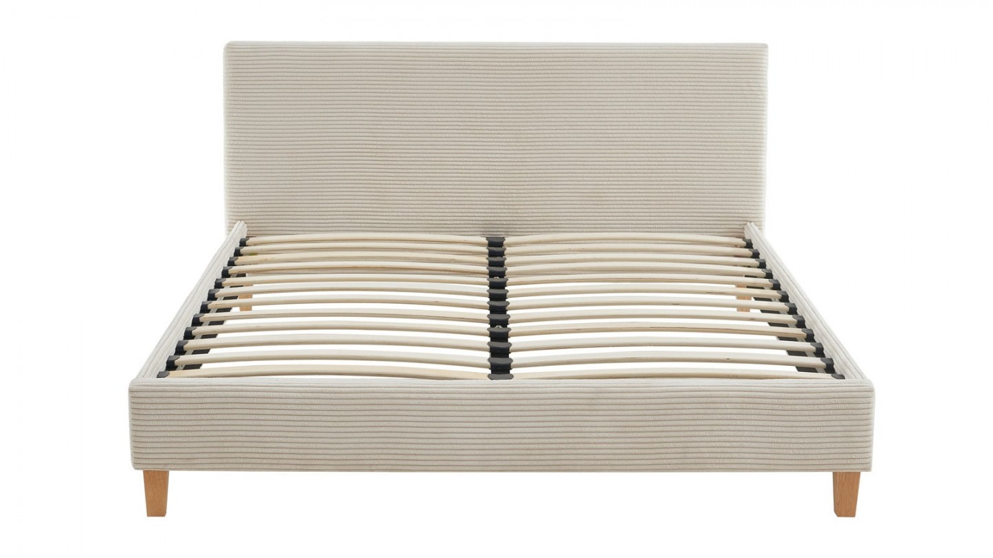 Ensemble lit 160x200 en velours côtelé beige Milo + Matelas Hybride à ressorts ensachés et mémoire de forme - Spring Elite