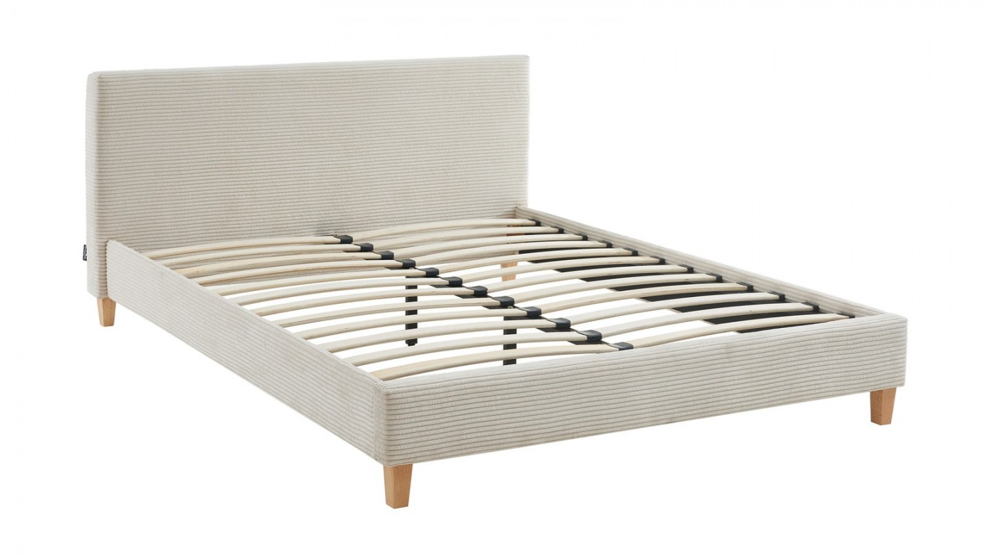 Ensemble lit 160x200 en velours côtelé beige Milo + Matelas Hybride à ressorts ensachés et mémoire de forme - Spring Elite