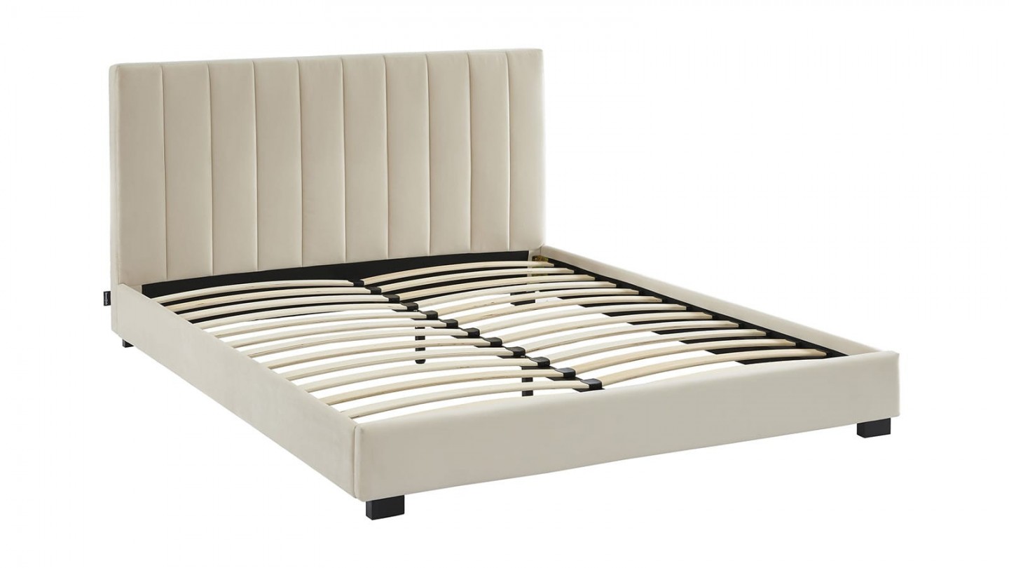 Ensemble lit 160x200 en velours beige William + Matelas Hybride à ressorts ensachés et mémoire de forme - Spring Elite