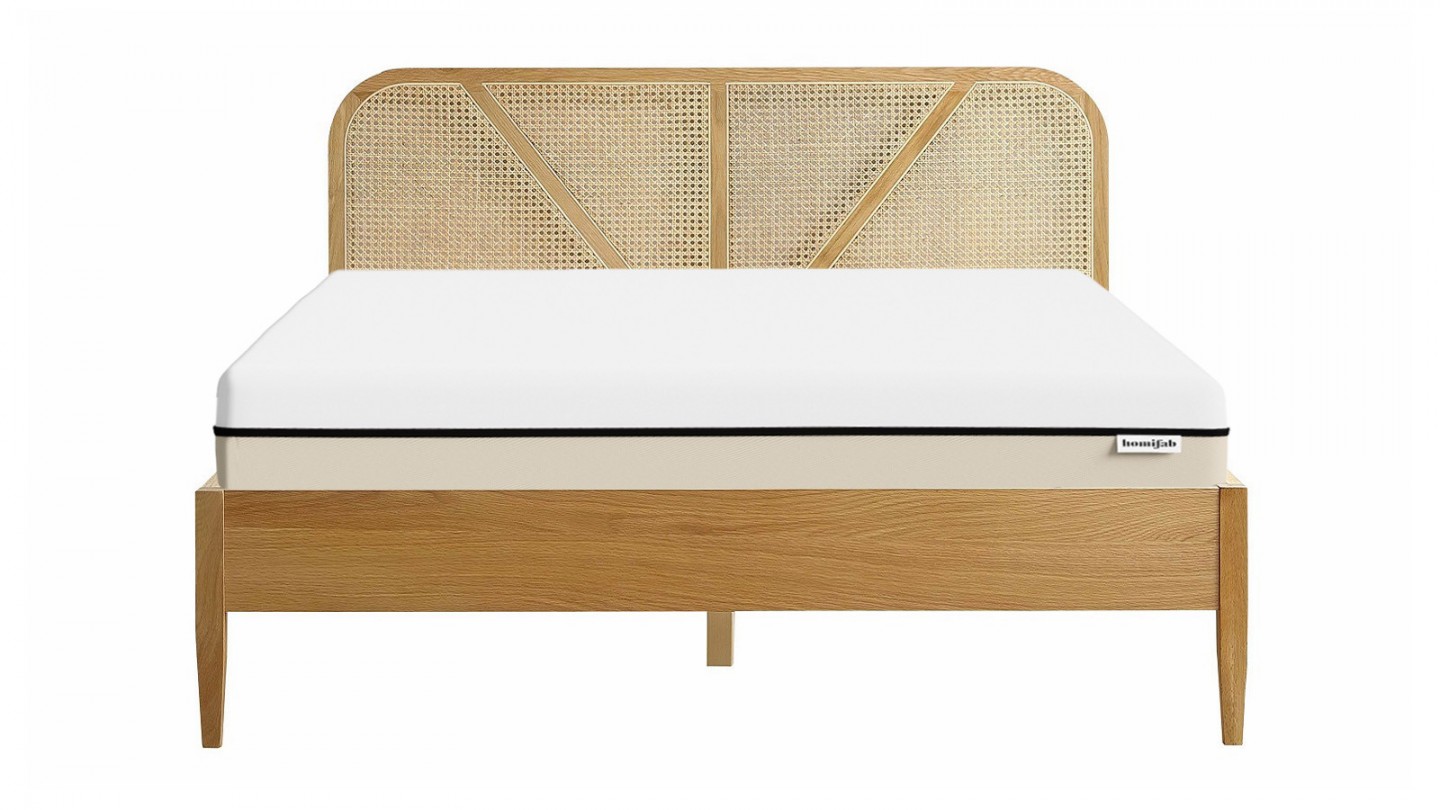 Ensemble lit 160x200 en bois et cannage Leonie + Matelas Hybride à ressorts ensachés et mémoire de forme - Spring Elite