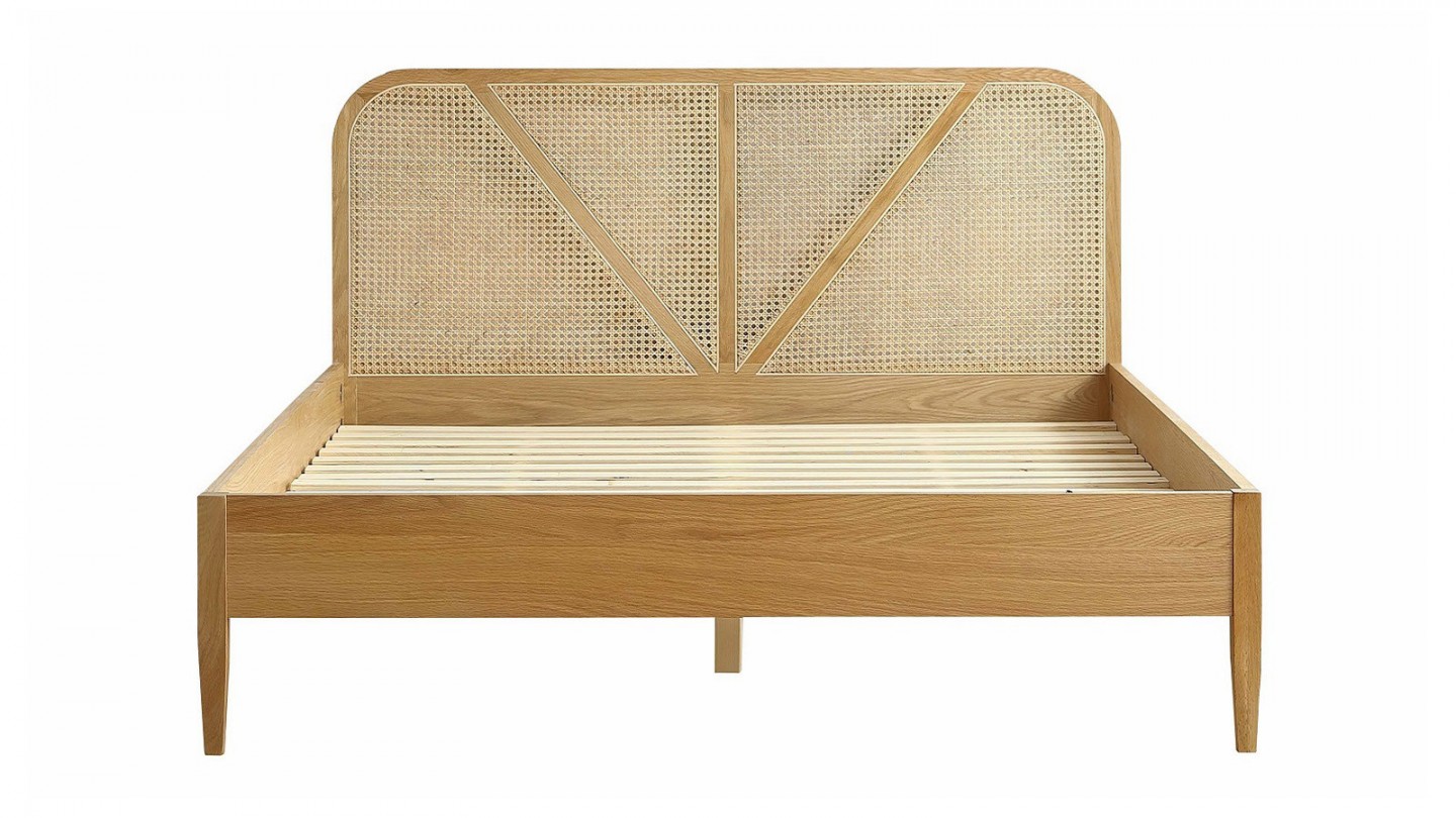 Ensemble lit 160x200 en bois et cannage Leonie + Matelas Hybride à ressorts ensachés et mémoire de forme - Spring Elite