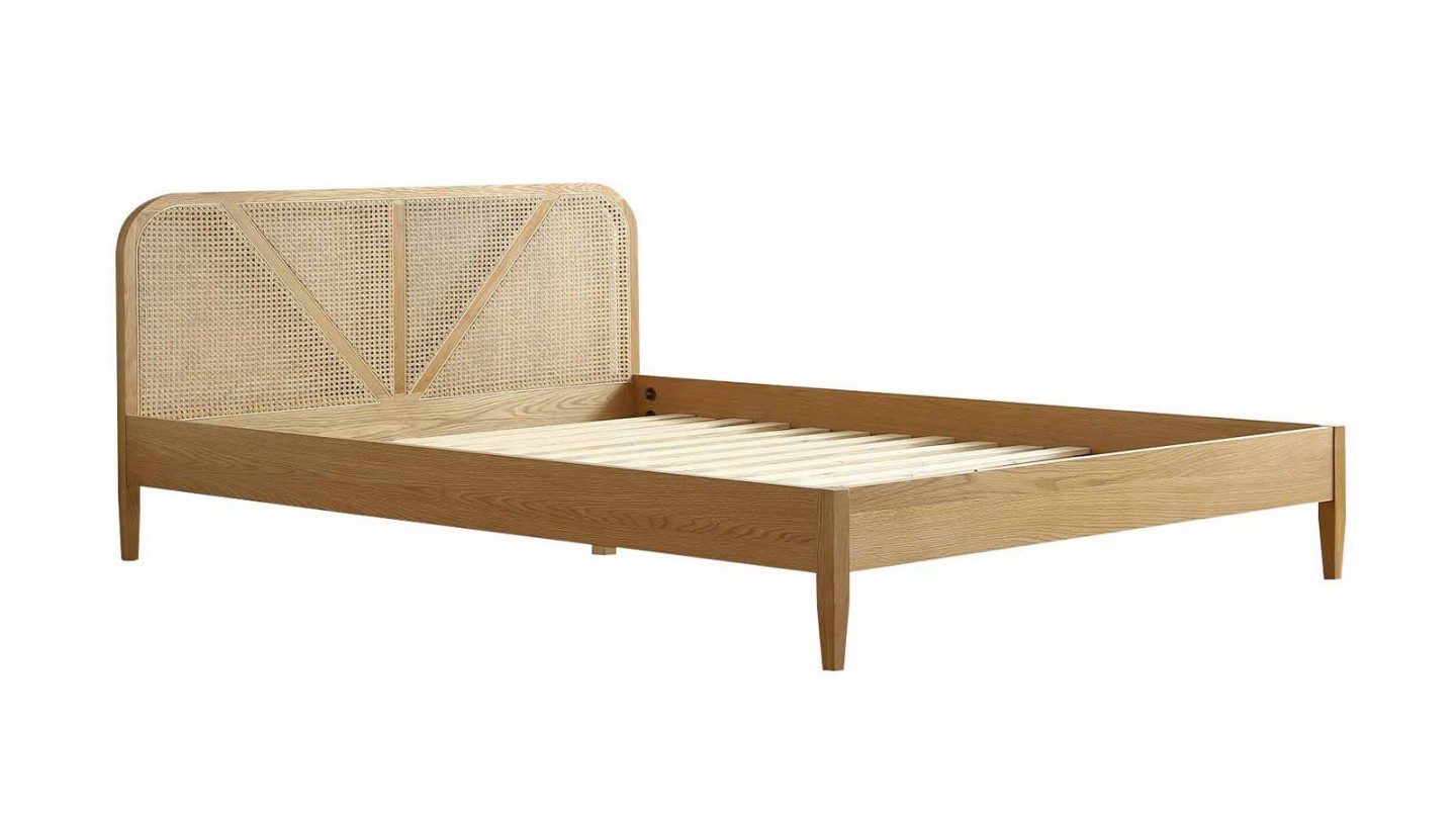 Ensemble lit 160x200 en bois et cannage Leonie + Matelas Hybride à ressorts ensachés et mémoire de forme - Spring Elite