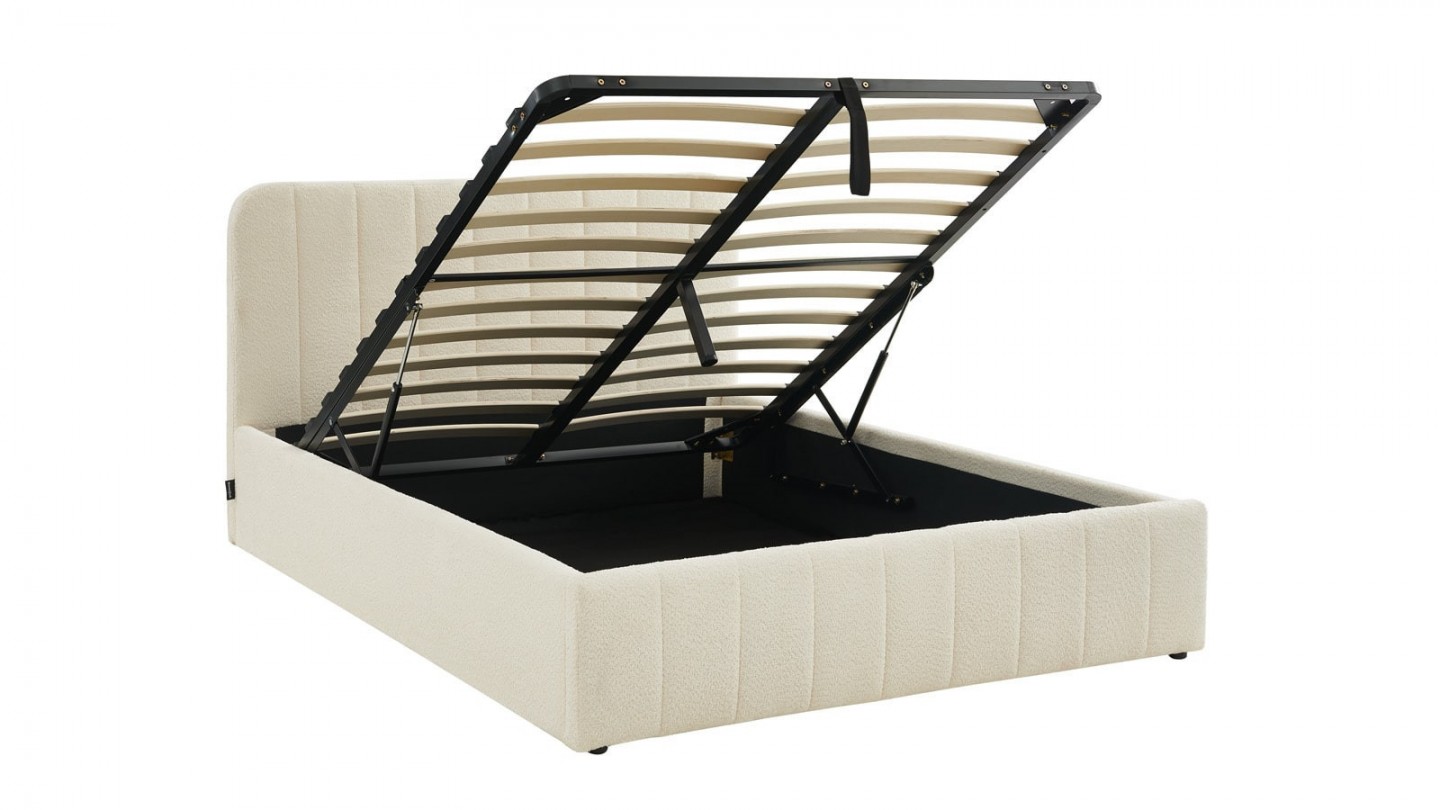 Ensemble lit coffre 160x200 en tissu bouclé écru Ava + Matelas Hybride à ressorts ensachés et mémoire de forme - Spring Elite