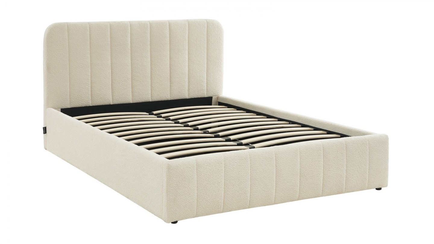 Ensemble lit coffre 160x200 en tissu bouclé écru Ava + Matelas Hybride à ressorts ensachés et mémoire de forme - Spring Elite