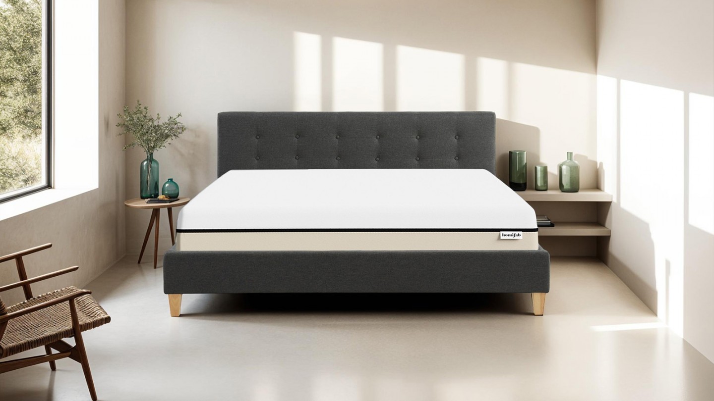 Ensemble lit 160x200 en tissu gris foncé Milo + Matelas Hybride à ressorts ensachés et mémoire de forme - Spring Elite