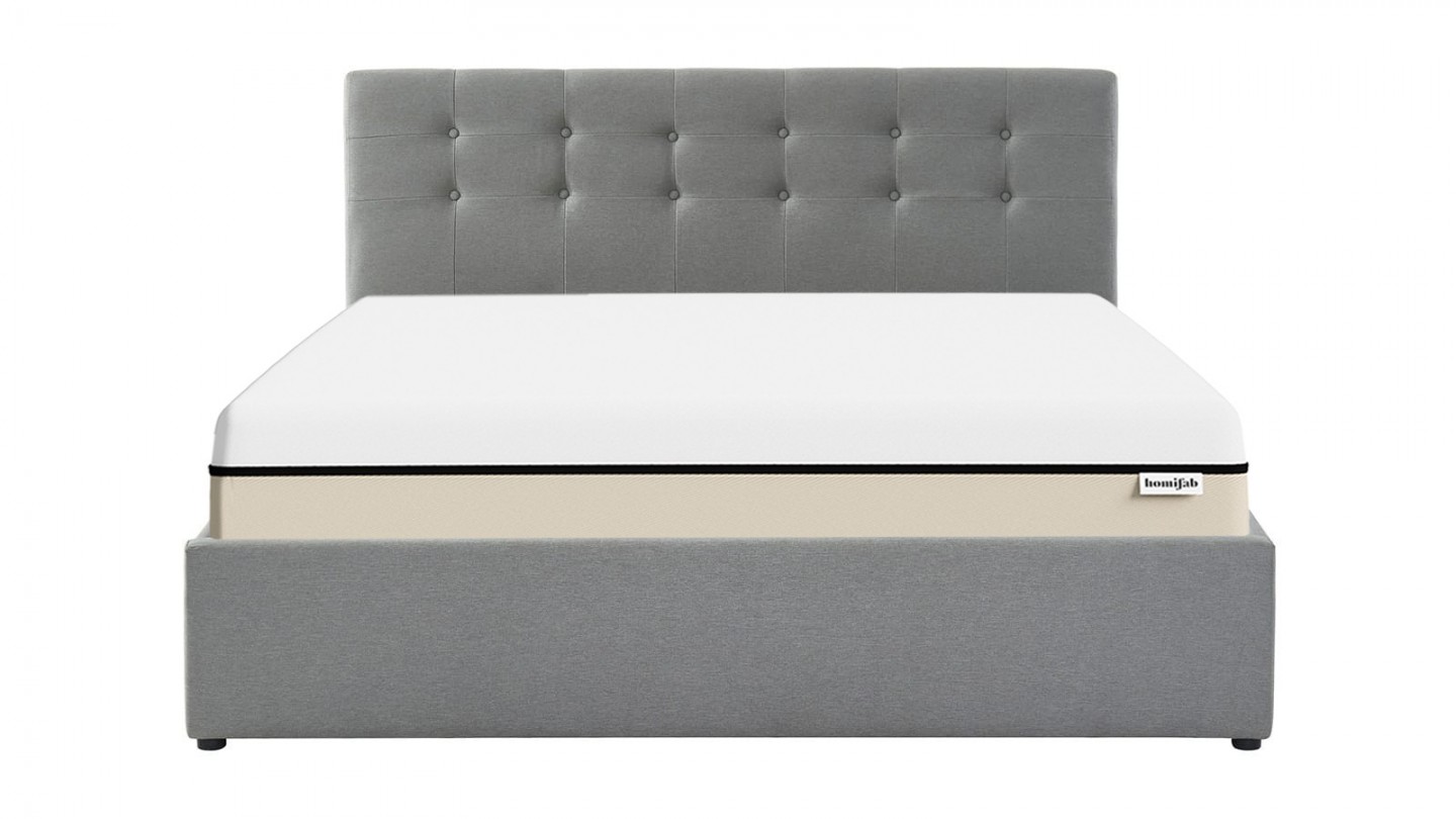 Ensemble lit coffre 160x200 en tissu gris clair Tina + Matelas Hybride à ressorts ensachés et mémoire de forme - Spring Elite