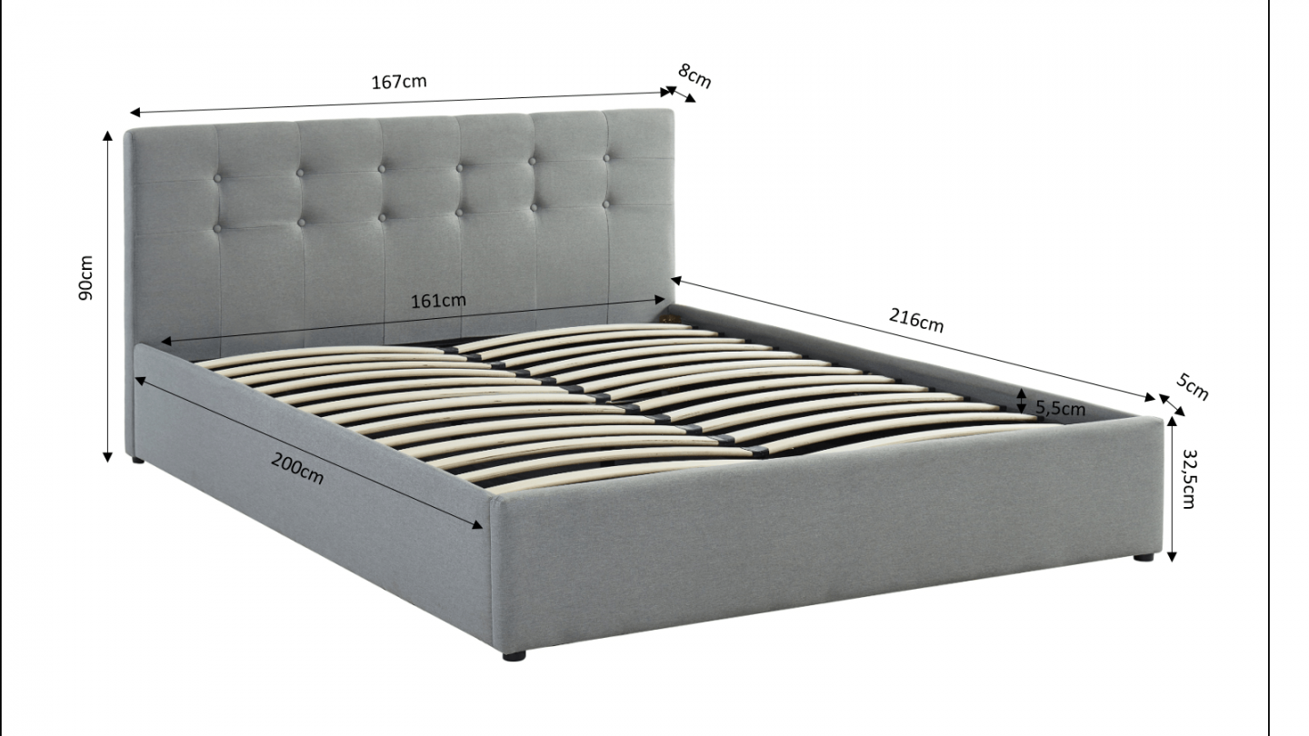 Ensemble lit coffre 160x200 en tissu gris clair Tina + Matelas Hybride à ressorts ensachés et mémoire de forme - Spring Elite