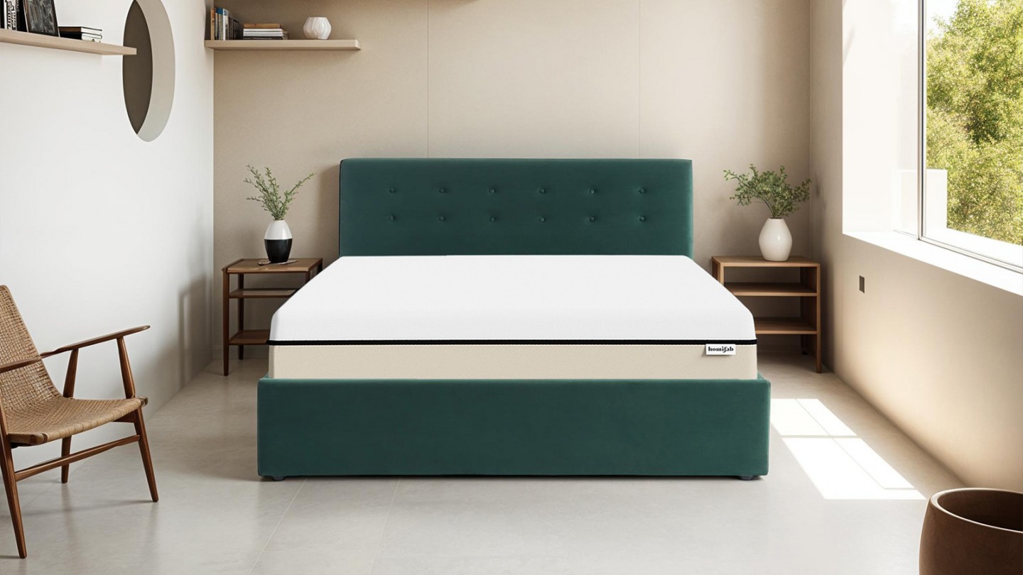 Ensemble lit coffre 160x200 en velours vert Tina + Matelas Hybride à ressorts ensachés et mémoire de forme - Spring Elite