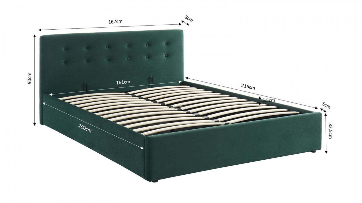 Ensemble lit coffre 160x200 en velours vert Tina + Matelas Hybride à ressorts ensachés et mémoire de forme - Spring Elite