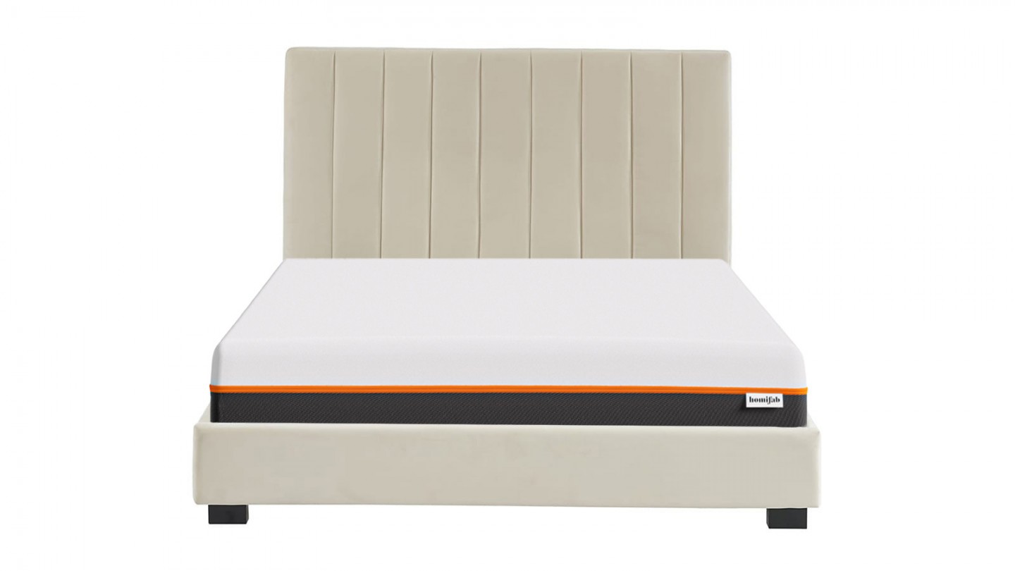 Ensemble lit 160x200 en velours beige William + Matelas mousse gel à mémoire de forme, double confort - Dual Confort