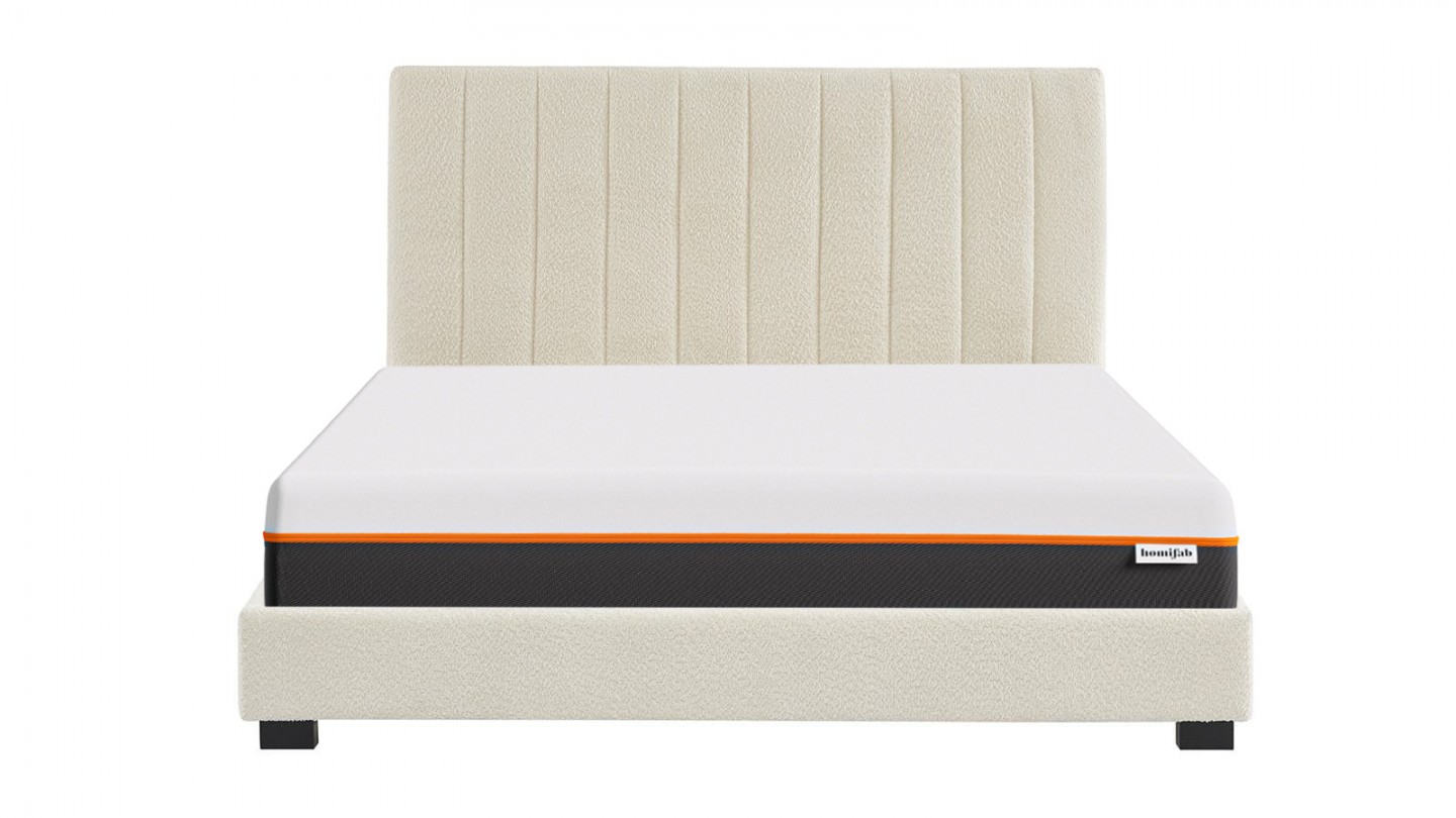 Ensemble lit 140x190 en tissu bouclé écru - William + Matelas mousse gel à mémoire de forme, double confort - Dual Confort