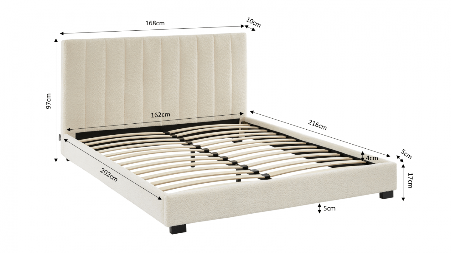 Ensemble lit 160x200 en tissu bouclé écru William + Matelas mousse gel à mémoire de forme, double confort - Dual Confort