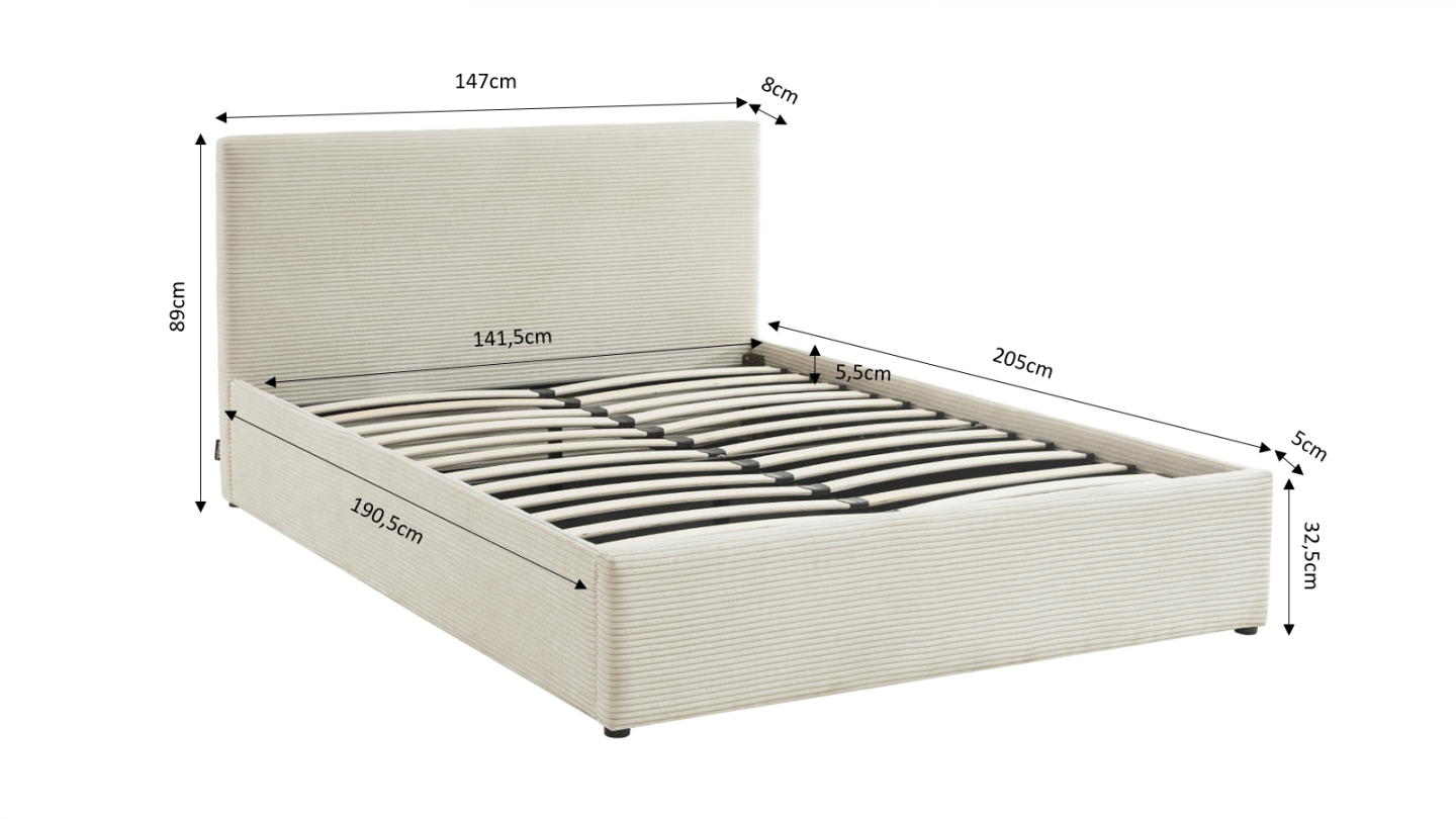 Ensemble lit coffre 160x200 en velours côtelé beige Tina + Matelas mousse gel à mémoire de forme, double confort - Dual Confort