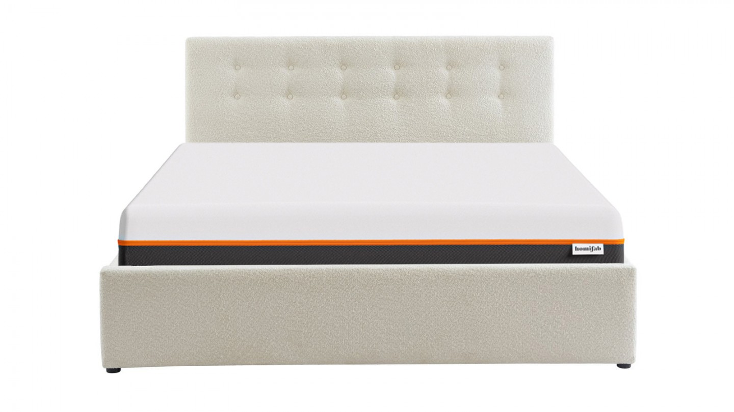 Ensemble lit coffre 160x200 en tissu bouclé écru Tina + Matelas mousse gel à mémoire de forme, double confort - Dual Confort