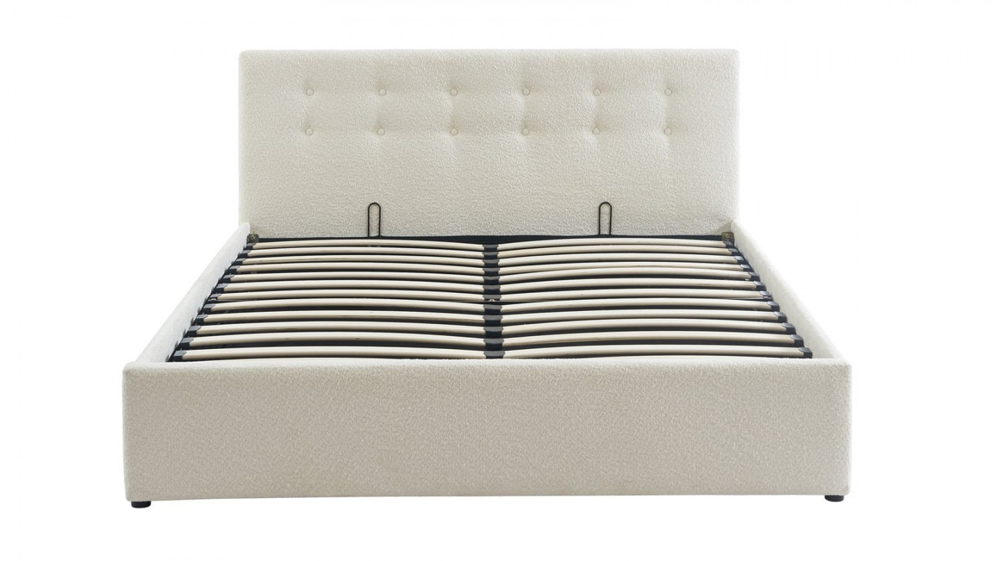 Ensemble lit coffre 160x200 en tissu bouclé écru Tina + Matelas mousse gel à mémoire de forme, double confort - Dual Confort