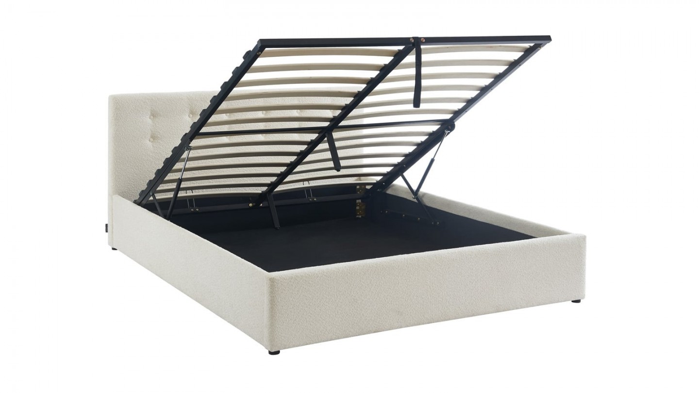 Ensemble lit coffre 160x200 en tissu bouclé écru Tina + Matelas mousse gel à mémoire de forme, double confort - Dual Confort