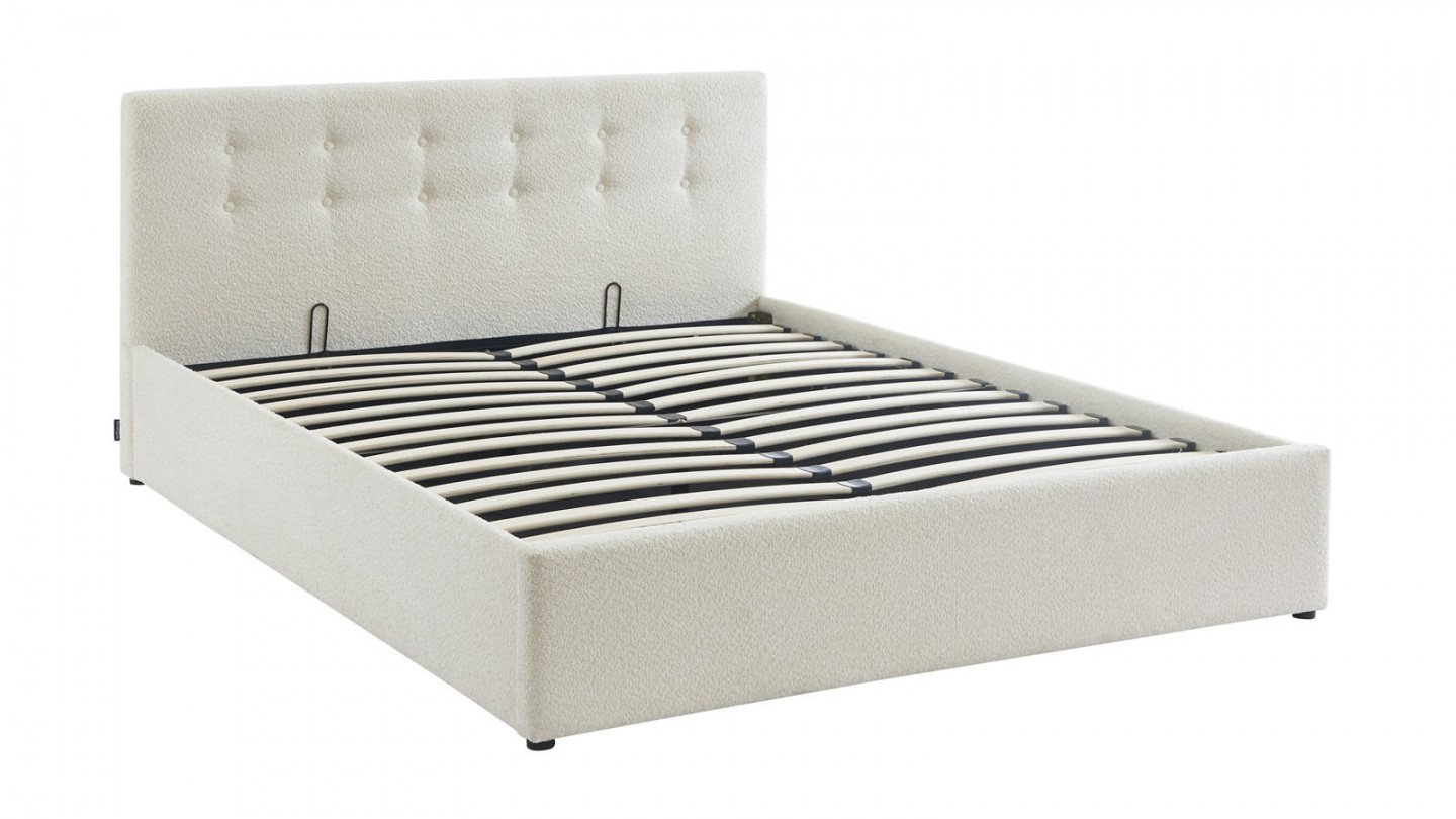 Ensemble lit coffre 160x200 en tissu bouclé écru Tina + Matelas mousse gel à mémoire de forme, double confort - Dual Confort