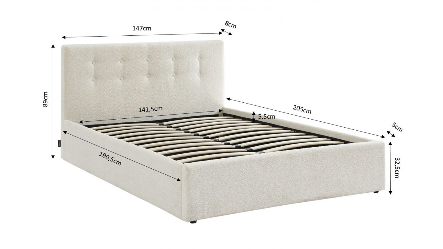 Ensemble lit coffre 160x200 en tissu bouclé écru Tina + Matelas mousse gel à mémoire de forme, double confort - Dual Confort