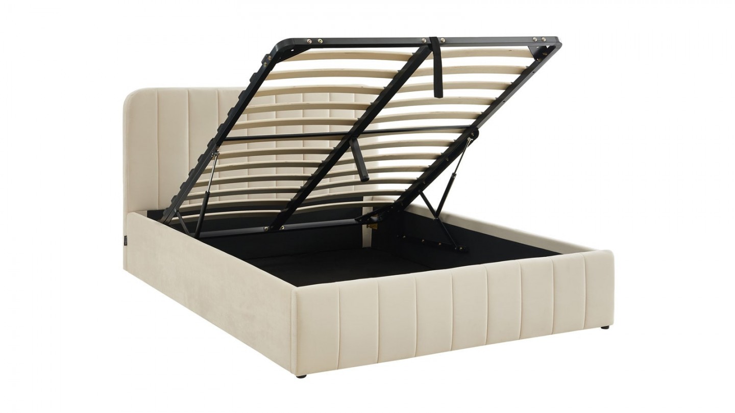 Ensemble lit coffre 160x200 en velours beige Ava + Matelas mousse gel à mémoire de forme, double confort - Dual Confort