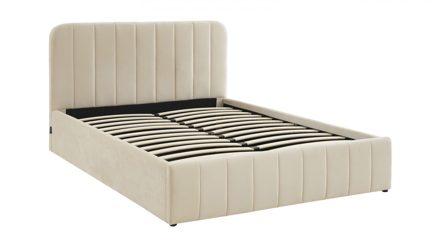 Ensemble lit coffre 160x200 en velours beige Ava + Matelas mousse gel à mémoire de forme, double confort - Dual Confort