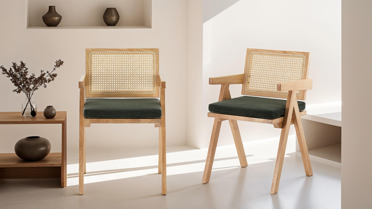 Chaise en bois massif, cannage naturel et velours côtelé vert - Lina