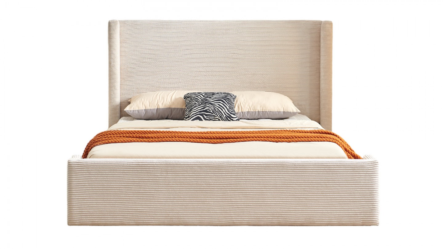 Lit coffre adulte 140x190 cm avec tête de lit capitonnée en velours côtelé beige - Elma