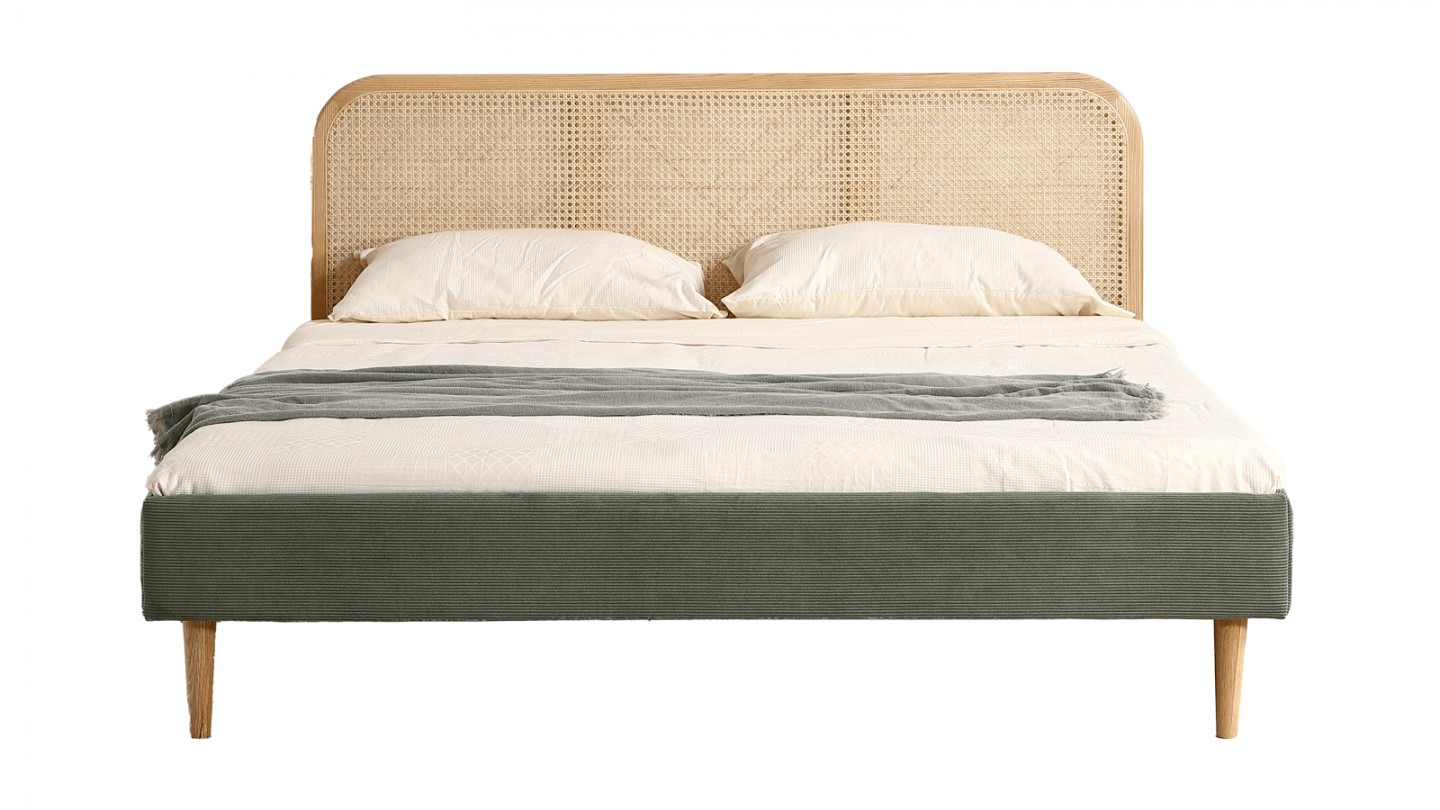 Lit adulte 140x190 cm en velours côtelé vert kaki avec tête de lit en cannage - Dalia