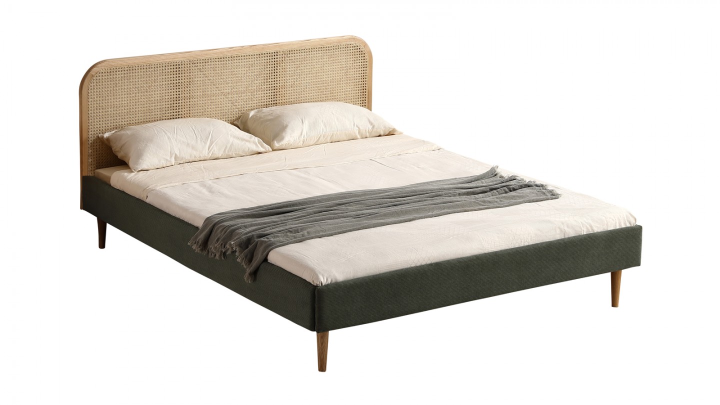 Lit adulte 140x190 cm en velours côtelé vert kaki avec tête de lit en cannage - Dalia