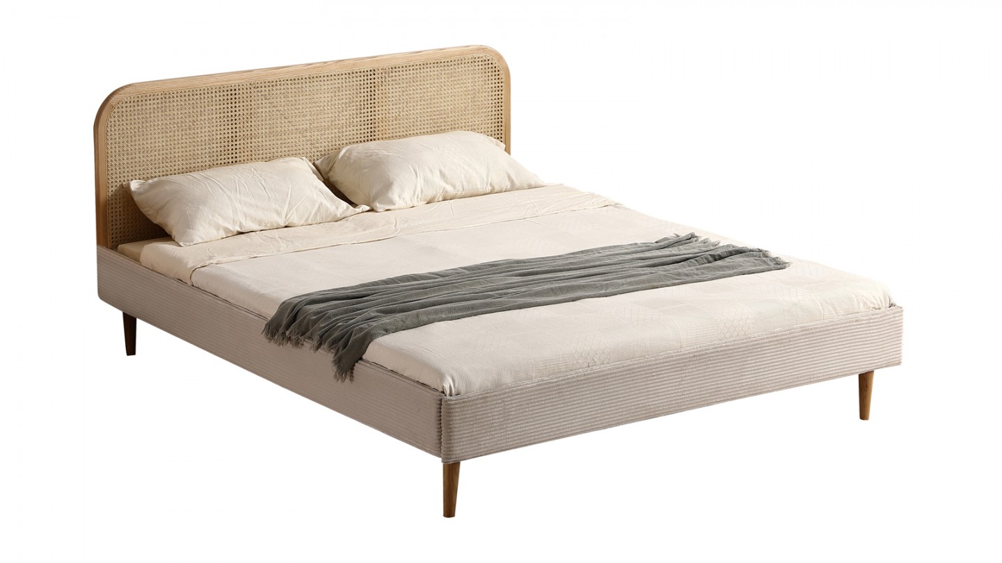 Lit adulte 140x190 cm en velours côtelé beige avec tête de lit en cannage - Dalia