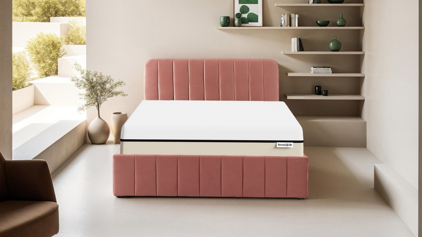 Ensemble lit coffre 160x200 en velours rose blush Ava + Matelas Hybride à ressorts ensachés et mémoire de forme - Spring Elite