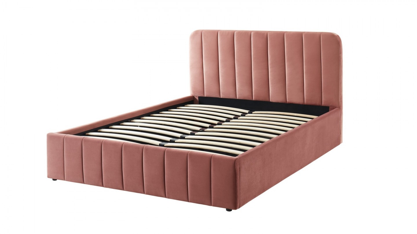 Ensemble lit coffre 160x200 en velours rose blush Ava + Matelas Hybride à ressorts ensachés et mémoire de forme - Spring Elite