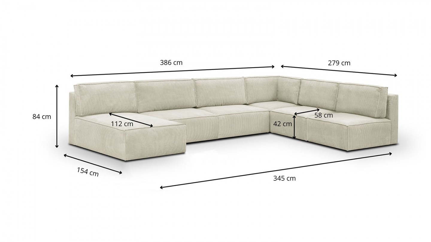 Canapé d'angle à gauche panoramique modulable convertible 9/10 places en velours côtelé beige - Harper Mod