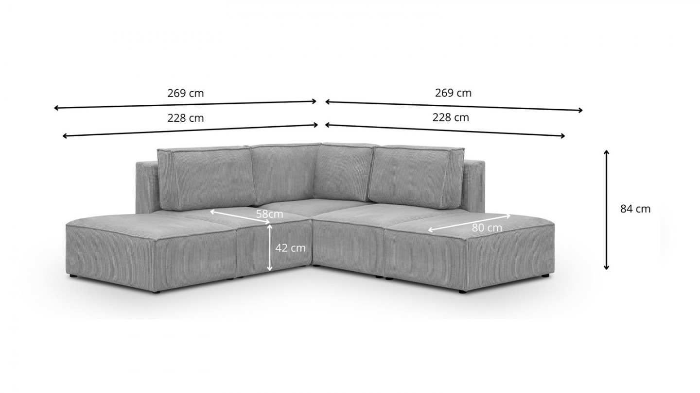 Canapé d'angle à gauche modulable 4 places avec 2 poufs en velours côtelé gris clair - Harper Mod