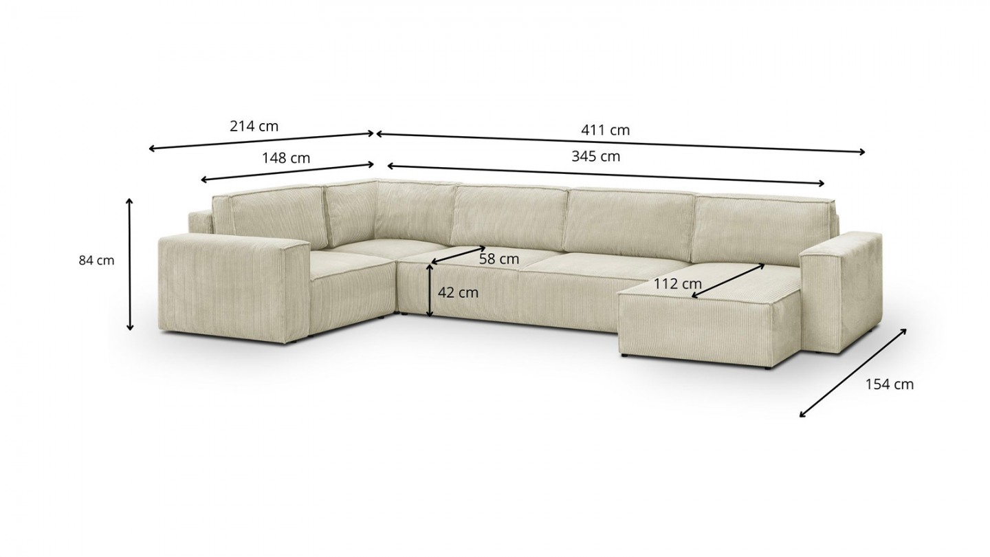 Canapé d'angle à gauche panoramique convertible modulable 8 places en velours côtelé beige - Harper Mod