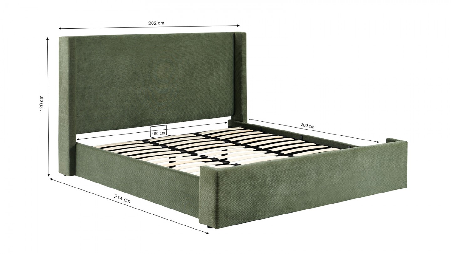 Lit adulte 180x200 cm avec tête de lit capitonnée en velours côtelé vert kaki - Frida