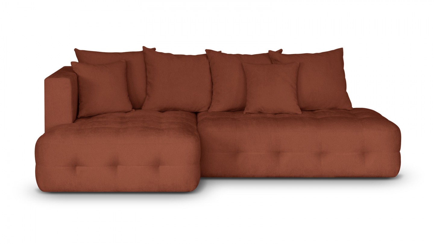 Canapé d'angle ouvert à gauche convertible 3 places avec coffre de rangement en tissu chenille terracotta - Léo