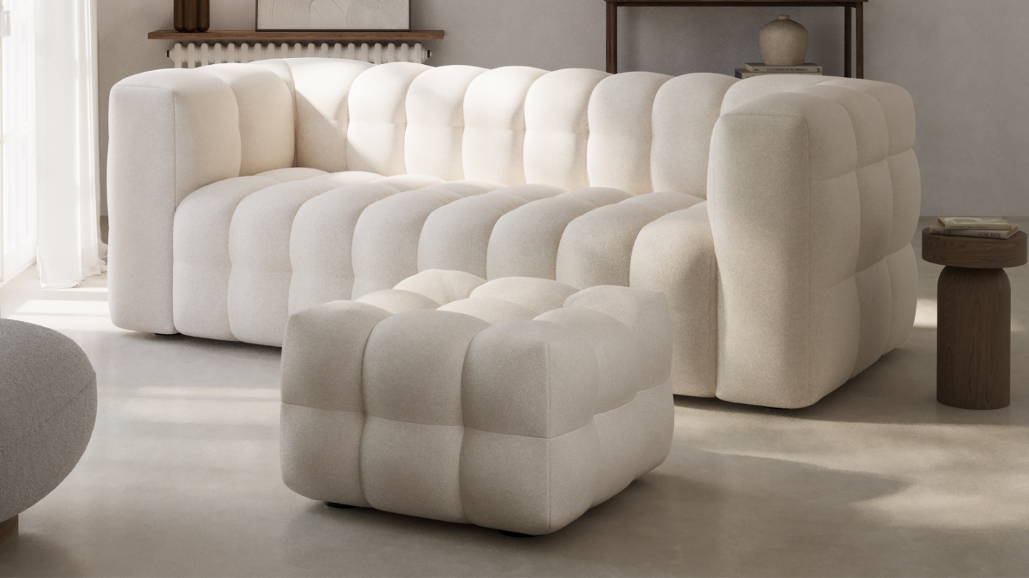 Pouf capitonné en tissu chenille beige - Cester