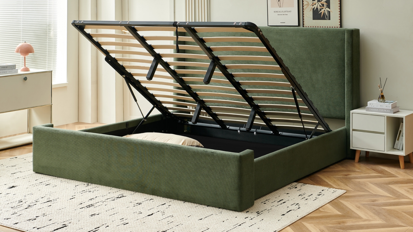 Lit coffre adulte 140x190 cm avec tête de lit capitonnée en velours côtelé vert kaki - Elma