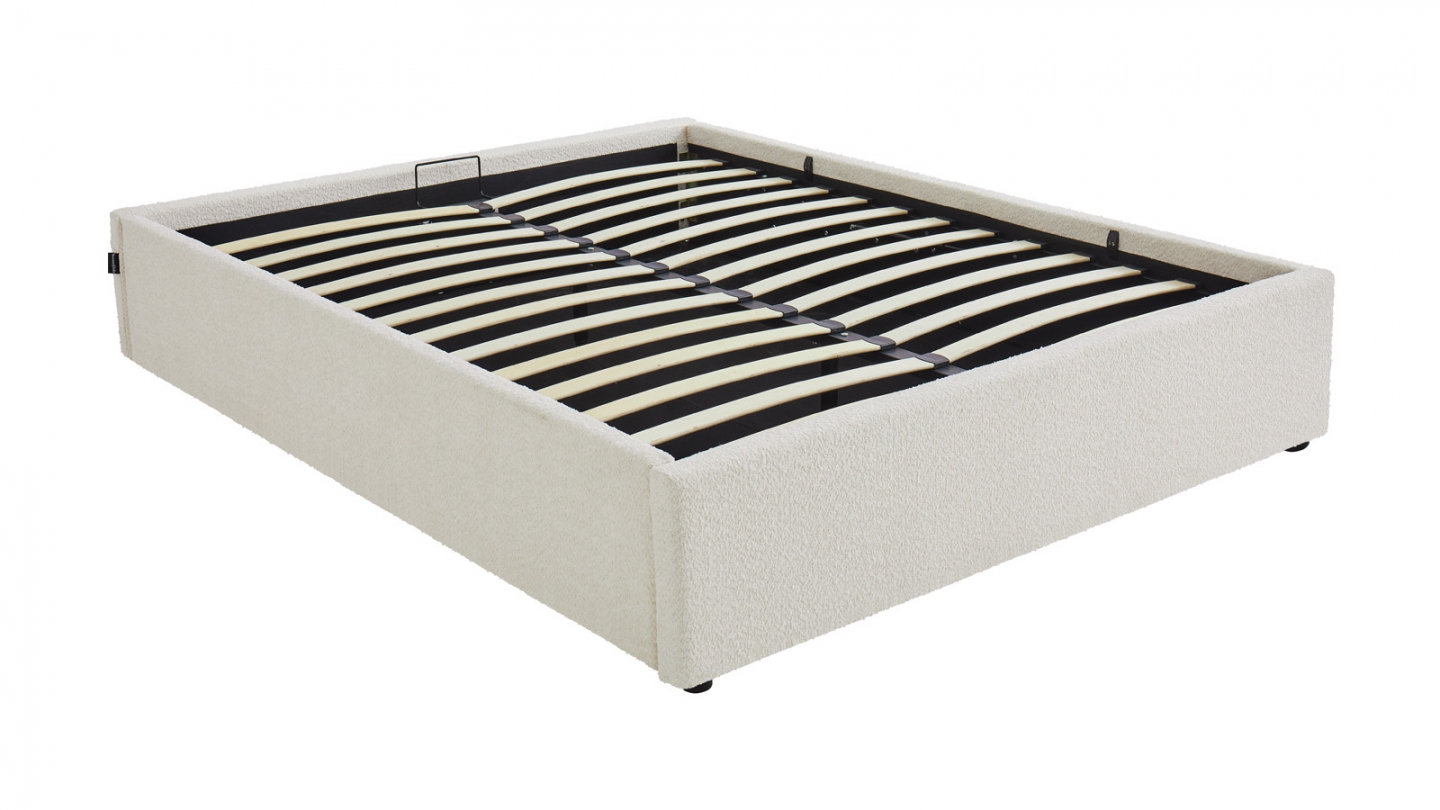 Lit coffre adulte 160x200 cm en tissu bouclé beige avec sommier - Handy