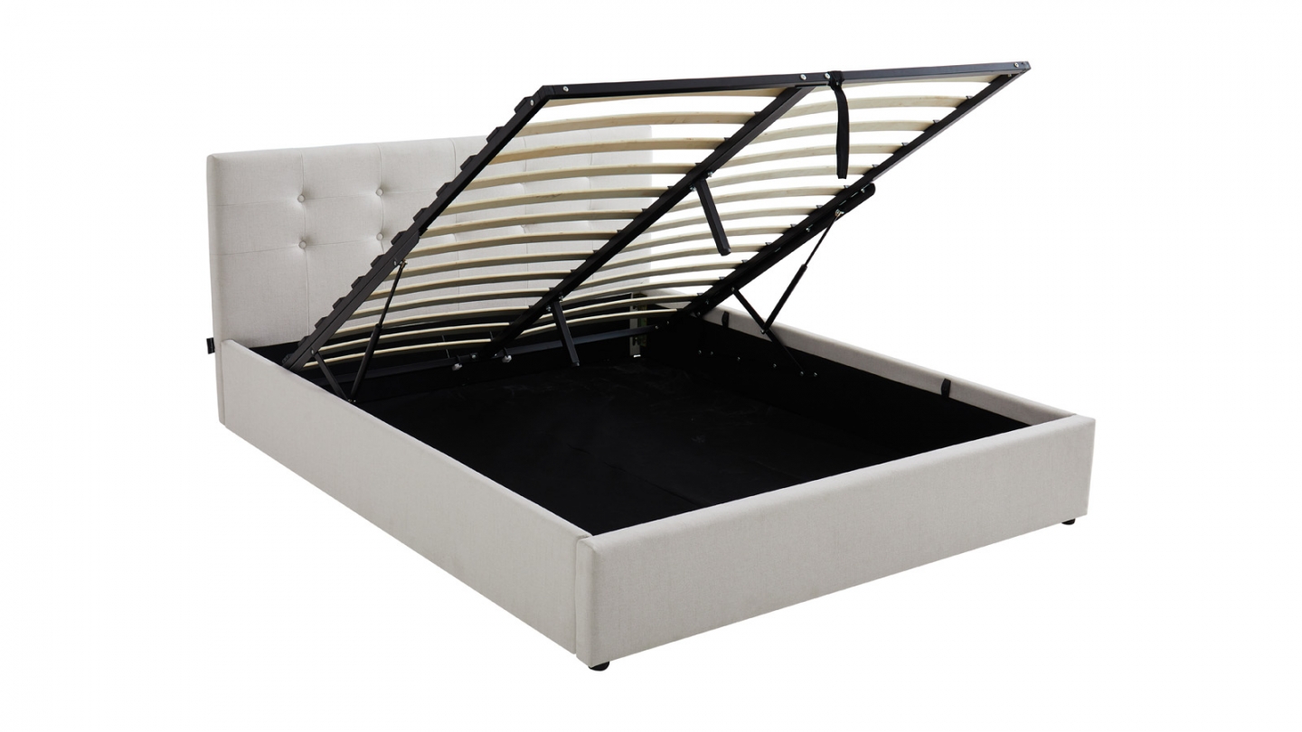 Lit coffre adulte 140x190 cm avec tête de lit matelassée en tissu beige et sommier - Tina