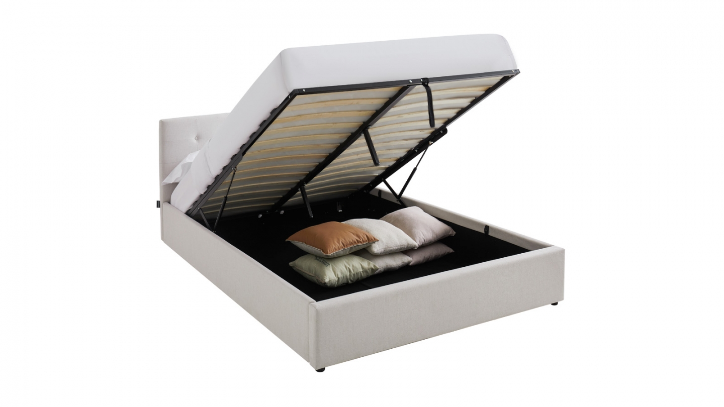 Lit coffre adulte 160x200 cm avec tête de lit matelassée en tissu beige et sommier - Tina