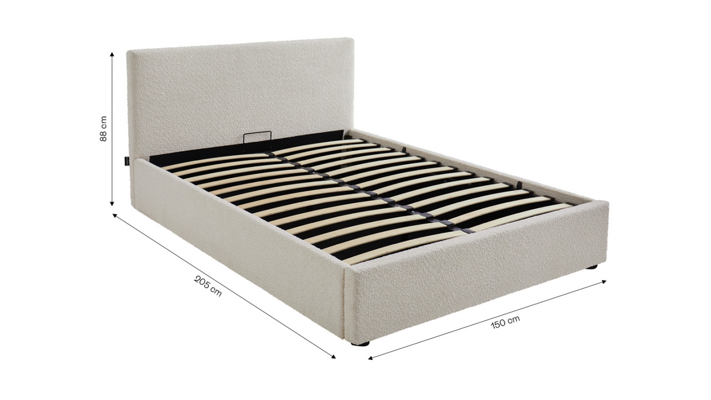 Lit coffre adulte 140x190 cm avec tête de lit matelassée en tissu bouclé beige et sommier - Tina