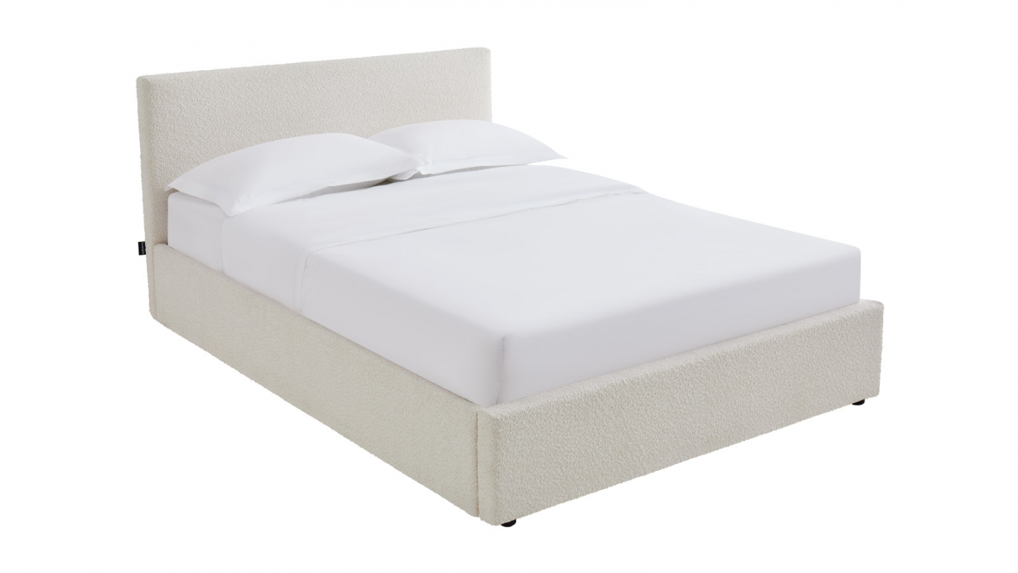 Lit coffre adulte 140x190 cm avec tête de lit matelassée en tissu bouclé beige et sommier - Tina