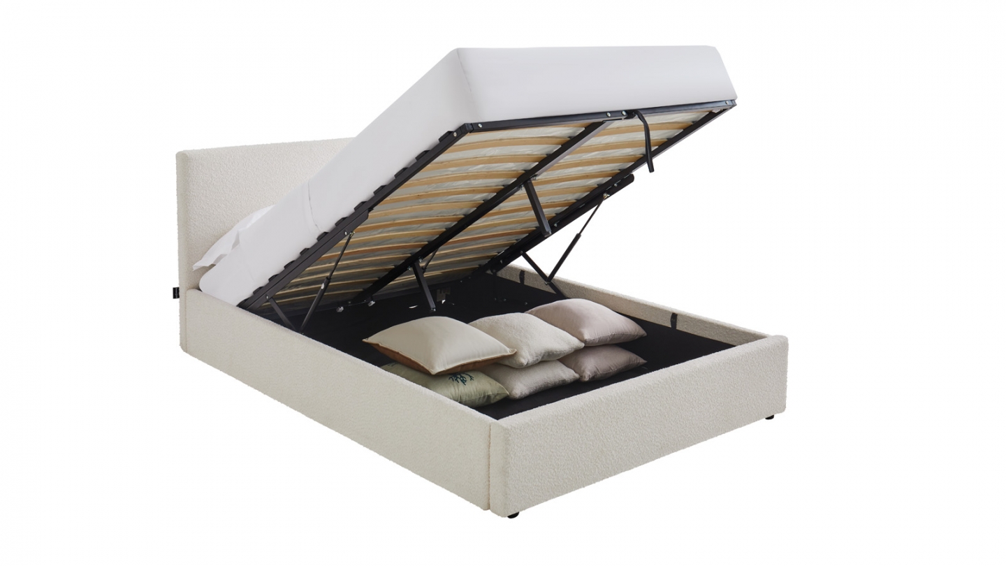 Lit coffre adulte 140x190 cm avec tête de lit matelassée en tissu bouclé beige et sommier - Tina