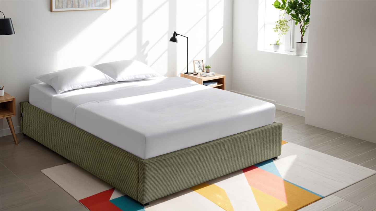 Lit coffre adulte 180x200 cm en velours côtelé vert avec sommier - Handy