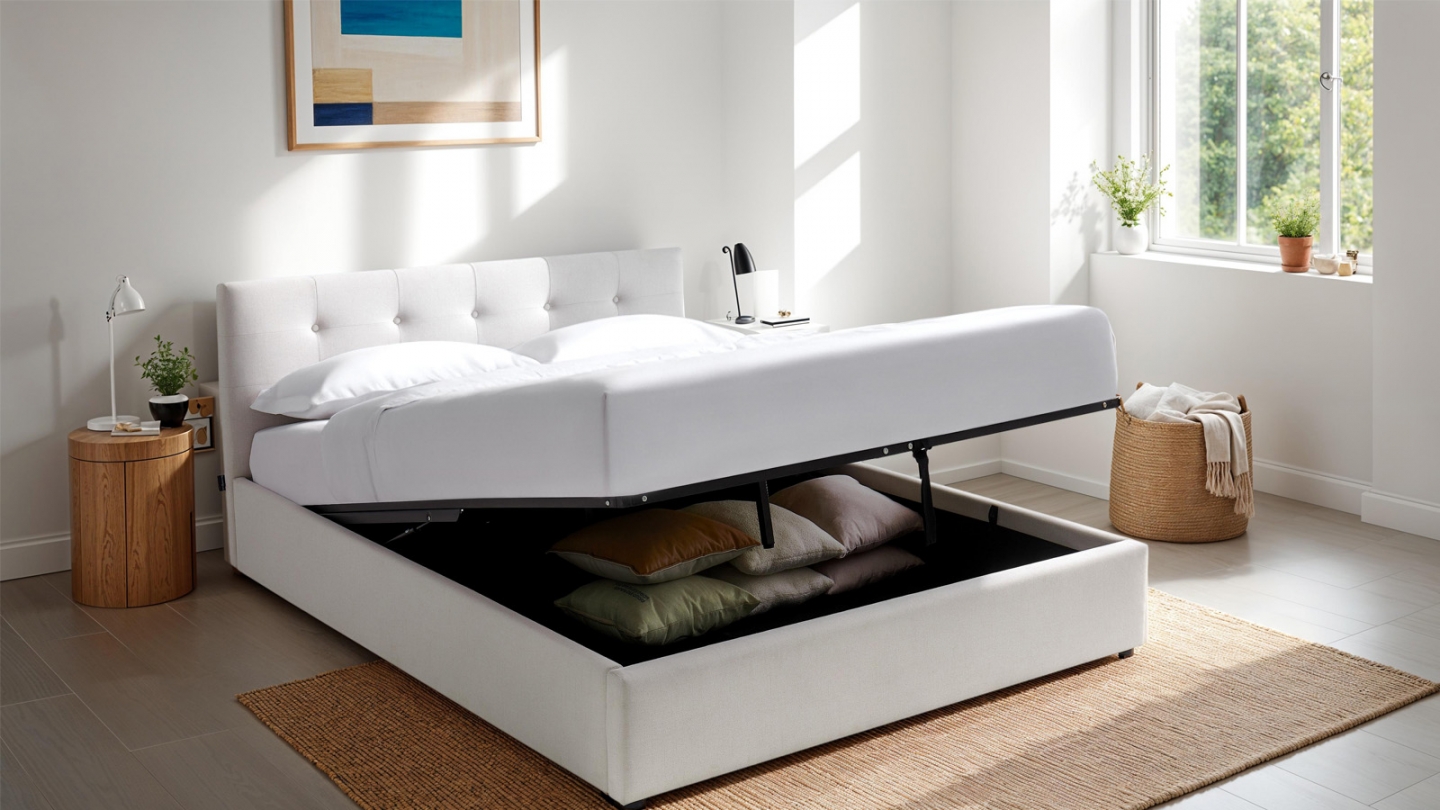 Lit coffre adulte 140x190 cm avec tête de lit matelassée en tissu beige et sommier - Tina