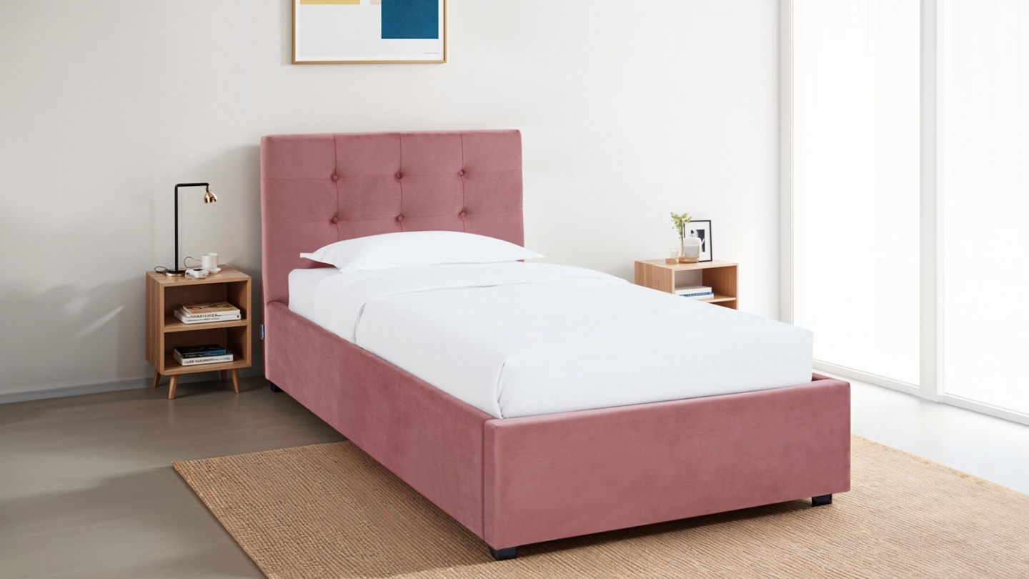 Lit coffre adulte 90x190 cm avec tête de lit capitonnée en velours rose et sommier - Tina